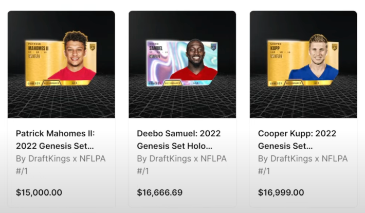 A Patrick Mahomes NFT valued on the DraftKings marketplace at $15,000, a Deebo Samuel NFT valued at $16,666.69, and a Cooper Kupp NFT valued at $16,999.